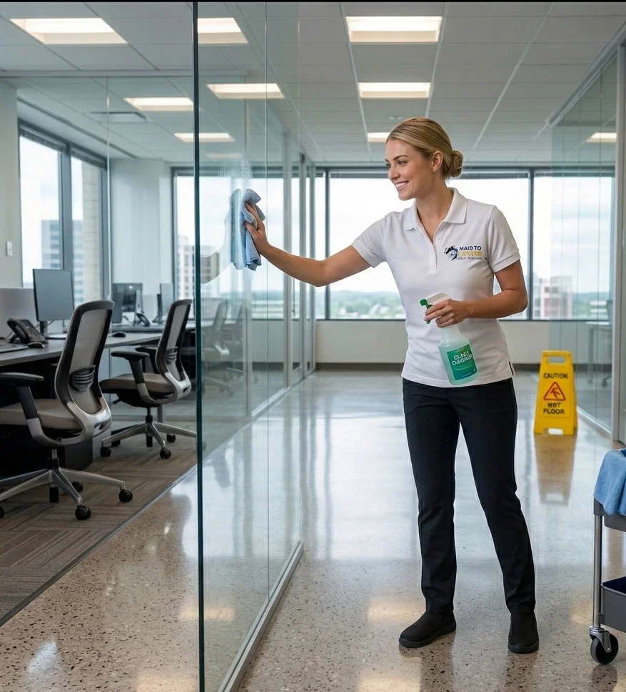 Professional commercial cleaning team sanitizing office space in Bay Area workplace