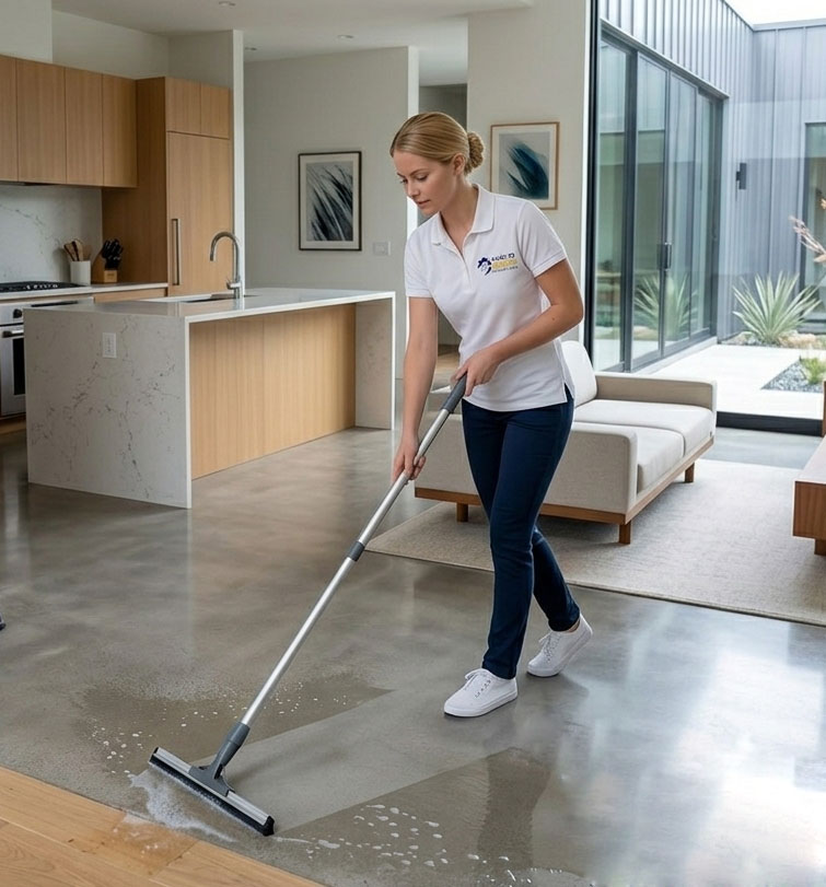 Professional cleaner making bed with fresh linens in bright Airbnb rental property