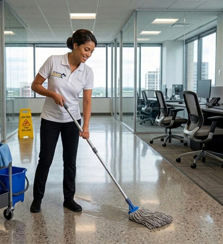 Professional cleaning team performing post-construction cleaning services removing dust and debris from new home