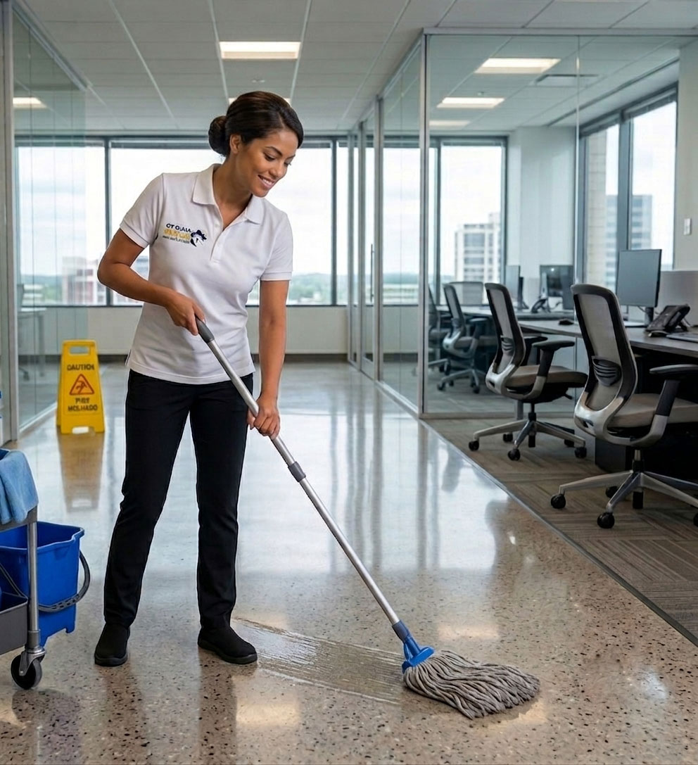 Professional house cleaner from Maid to Shine wiping kitchen countertops in Bay Area home