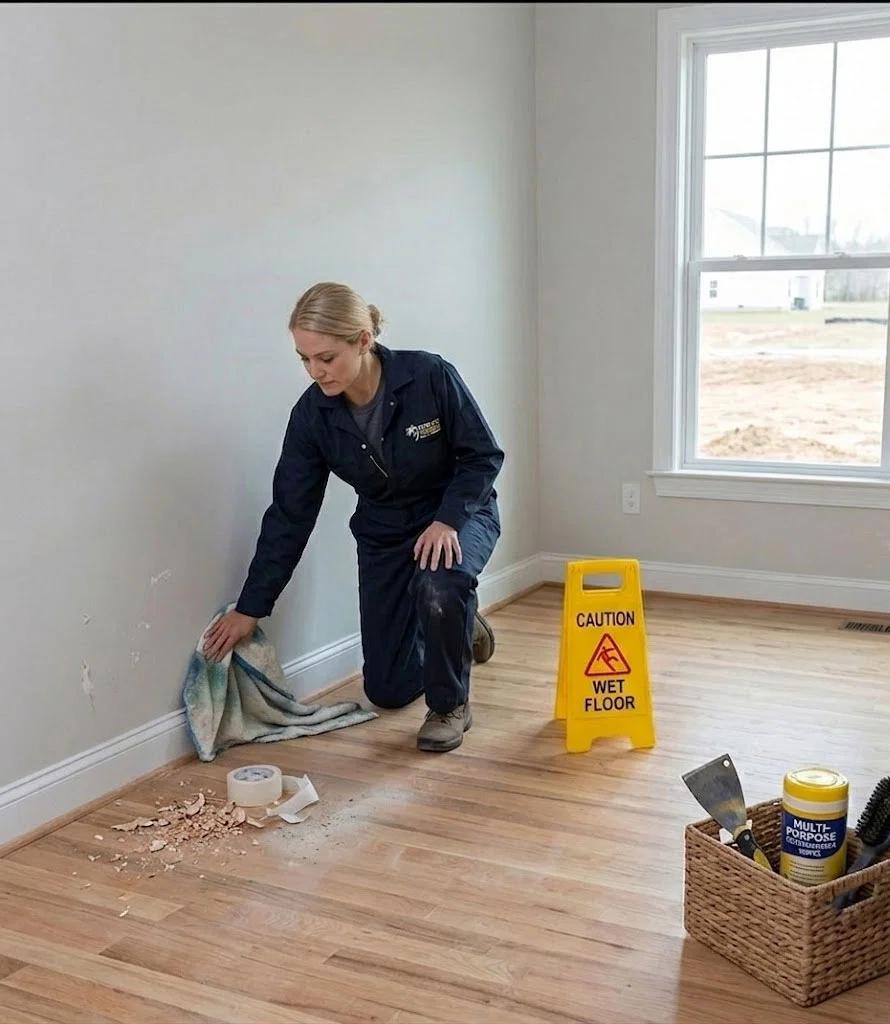 Professional house cleaning team removing dust and debris after construction project in Bay Area home